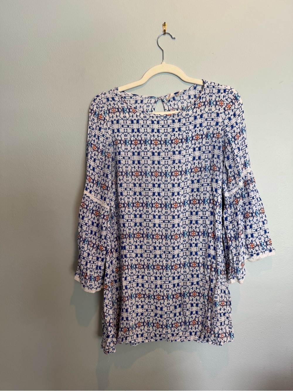 Roxy White Mini Dress with Blue Geometric Print and Orange Accents